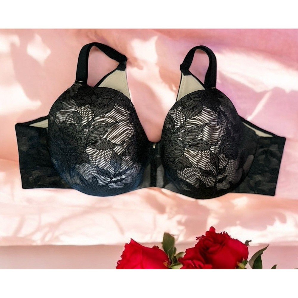 Cacique Lightly Lined Balconette Bra 44D Tan Black Lace Underwire Sexy *flaw*